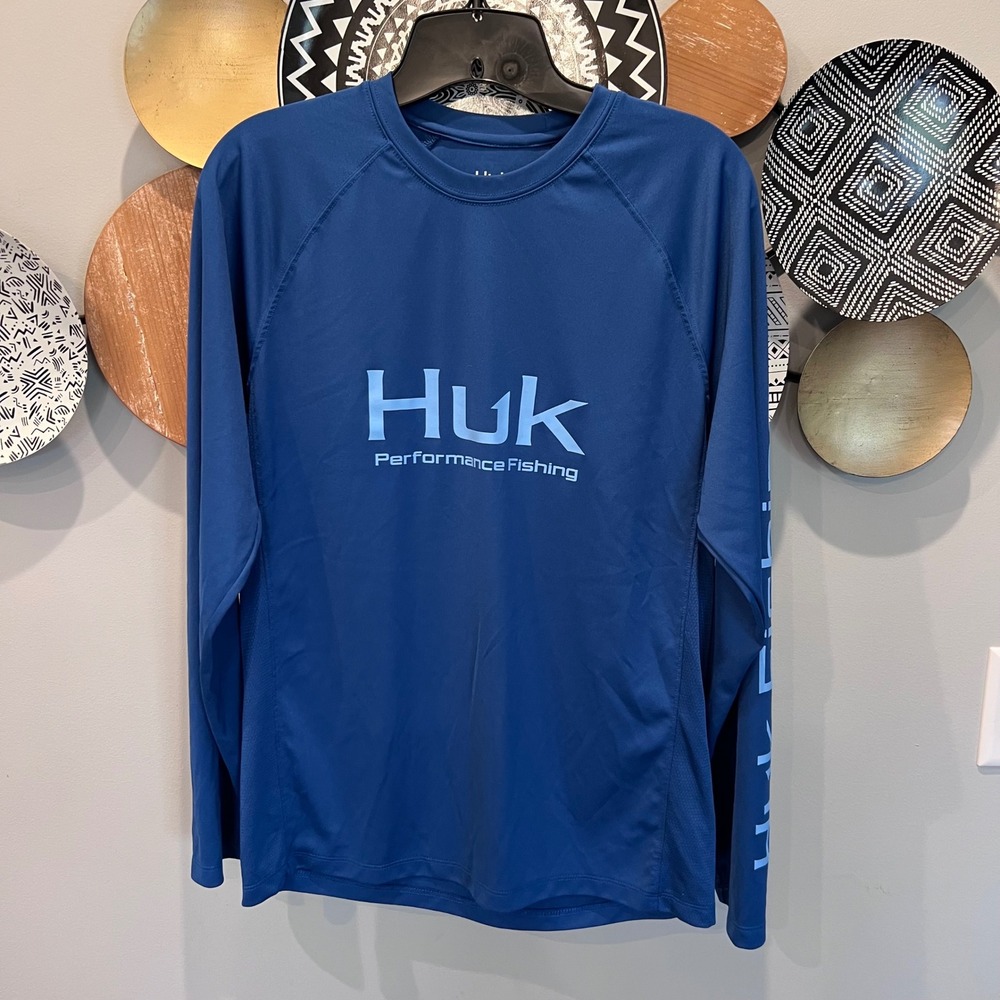 Huk Mens Blue Performance Fishing Long Sleeve Shirt Size Small Mesh Panels